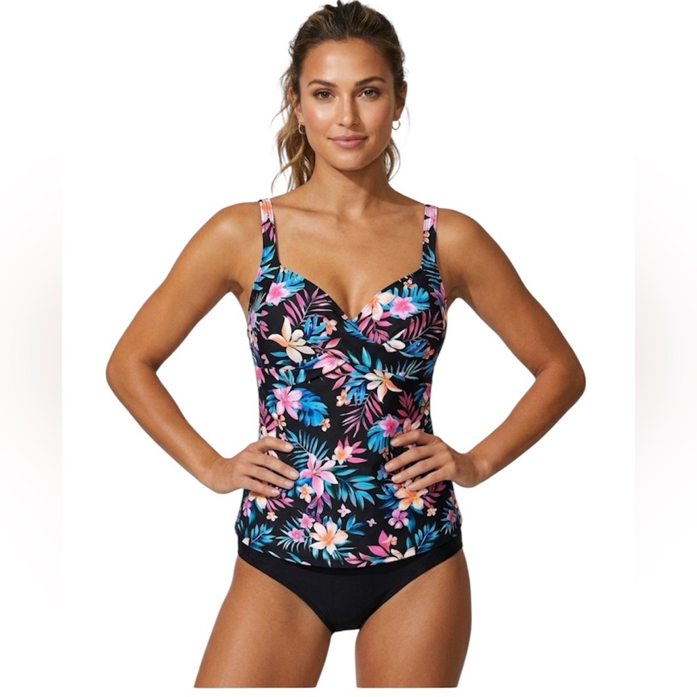 Talisea Floral Print Black Pink Orange Padded Underwire Bra Tankini Top Large